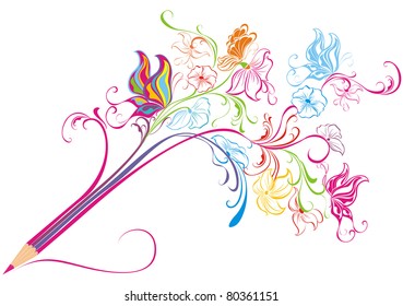 creative pencil whit floral ornate and butterfly art concept vector illustration