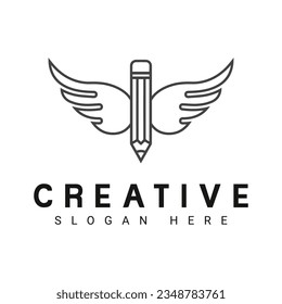 Creative Pencil with Wings Logo Design Flying Pen Logotype Creative Idea Education Logo