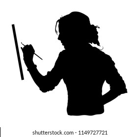 Creative pensive painter paints a picture, vector silhouette illustration. Painting process in art workshop Creative positive woman painter paints in her studio abstract picture. Passionate artist.