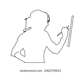 Creative pensive painter paints a picture vector silhouette illustration isolated. Painting process in art workshop. Artist woman in her studio line contour shape shadow. Passionate work.