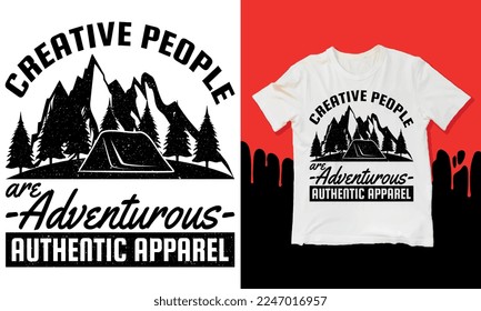 Personas creativas son ropa auténtica aventurera, arte gráfico para camisetas y otros. Montaña con diseño de impresión retro de árbol.