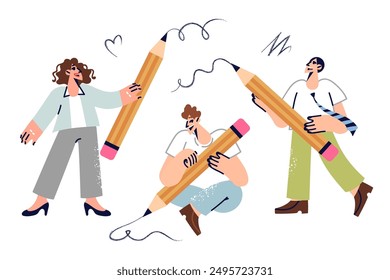 Creative people with big pencils draw abstract lines together, developing love for art. Men and women with creative potential rejoice at opportunity to get education at art school.