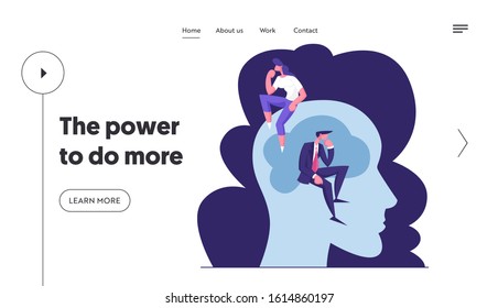 Creative People Brainstorm and Searching Solution Website Landing Page. Businessman and Businesswoman Sitting on Huge Human Head in Thinking Posture Web Page Banner. Cartoon Flat Vector Illustration