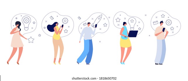 Creative people characters. Man woman holding gadgets, thinking new ideas. Creators and entrepreneurs, isolated adults launch projects vector illustration