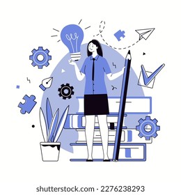 Creative people come up with new, original ideas, concepts, solutions to problems. Art, design, science and business. Out of box thinking, innovation, adaptation to changing world. Vector character.
