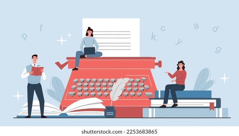 Creative people concept. Man with book and woman with typewriter. Team of copywriters and writer, talented authors produce content for websites. Remote employees. Cartoon flat vector illustration