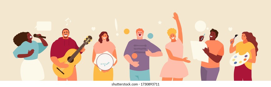 Creative people doing artistic activities. Vector characters