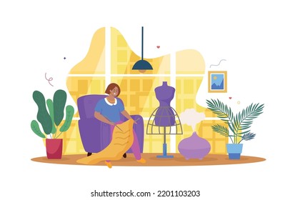 Creative people flat background with female character cutting off piece of fabric for sewing dress vector illustration