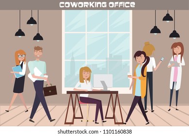 Creative people flat compositions working together in co working office. Editable vector illustration