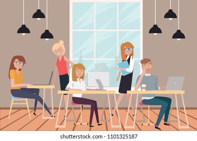 Creative people flat compositions working together in co working office. Editable vector illustration