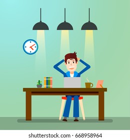 Creative people. Freelancer. Happy Working man. Vector illustration flat design.
