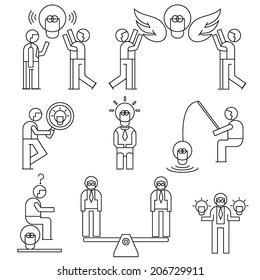 creative people icons, people with idea light bulb, line theme