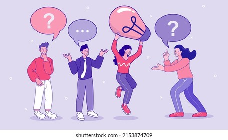 Creative people with light bulbs. analytics and Information. SEO optimization. Concept of frequently asked questions, query, investigation, search for information. solution and knowledge. vector