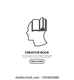 Creative People line logo with book inside head. Modern business brain concept in flat design isolated on white background. Vector Illustration