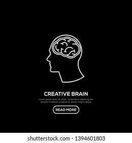 Creative People line logo with brain icon inside head. Modern business brain concept in flat design isolated on black background. Vector Illustration