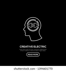 Creative People line logo with electric concept inside head. Modern business brain concept in flat design isolated on black background. Vector Illustration