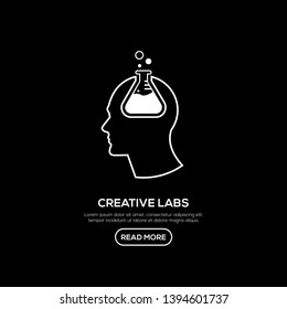 Creative People line logo with flask inside head. Modern business brain concept in flat design isolated on black background. Vector Illustration
