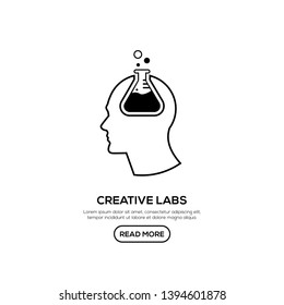 Creative People line logo with flask  inside head. Modern business brain concept in flat design isolated on white background. Vector Illustration