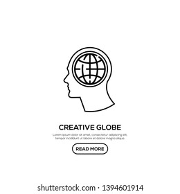 Creative People line logo with globe inside head. Modern business brain concept in flat design isolated on white background. Vector Illustration