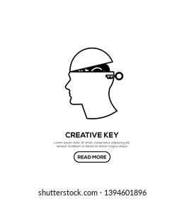 Creative People line logo with key open head. Modern business brain concept in flat design isolated on white background. Vector Illustration