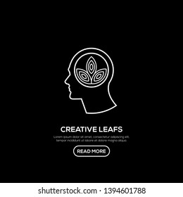 Creative People line logo with leaf inside head. Modern business brain concept in flat design isolated on black background. Vector Illustration
