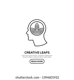 Creative People line logo with leaf inside head. Modern business brain concept in flat design isolated on white background. Vector Illustration