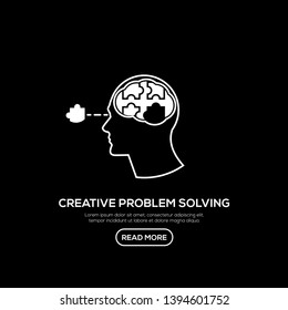 Creative People line logo with puzzle brain inside head. Modern business brain concept in flat design isolated on black background. Vector Illustration