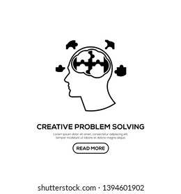 Creative People line logo with puzzle brain inside head. Modern business brain concept in flat design isolated on white background. Vector Illustration