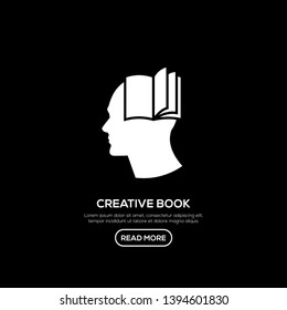 Creative People logo with book inside head. Modern business brain concept in flat design isolated on black background. Vector Illustration