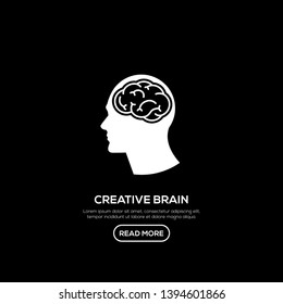 Creative People logo with brain icon inside head. Modern business brain concept in flat design isolated on black background. Vector Illustration