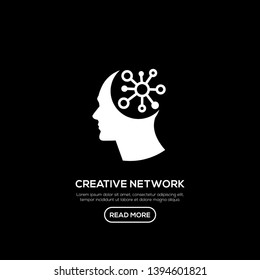 Creative People logo with connected icon inside head. Modern business brain concept in flat design isolated on black background. Vector Illustration
