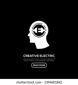 Creative People logo with electric concept inside head. Modern business brain concept in flat design isolated on black background. Vector Illustration