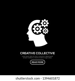 Creative People logo with gear icon inside head. Modern business brain concept in flat design isolated on black background. Vector Illustration