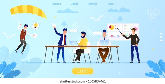 Creative People in Office Have Idea. Group of Men Working Together with Laptop. Successful Team in Coworking Space Developing Project. Partnership Cartoon Flat Vector Illustration. Horizontal Banner.