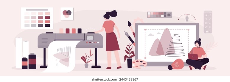 Creative people or office staff with plotter. Offset printer prints picture of large size, print service, copy center. Printing house. Commercial digital documents production. flat vector illustration