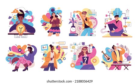 Creative people. Persons temperaments. Mindset type. MBTI character process. Analytical or imaginative mind. Mental human structures. Men and women behaviors. Vector illustration set