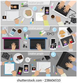 Creative People And Photo Studio Workplace Flyer Template - Vector Illustration, Graphic Design, Editable For Your Design