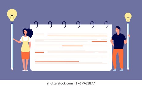 Creative people with planner. Woman man have new idea or solution. Students with pencils and light bulbs vector illustration