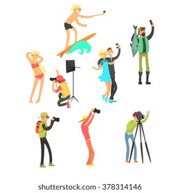 Creative People Posing while Photographer Taking Photos. Vector Illustration Collection 