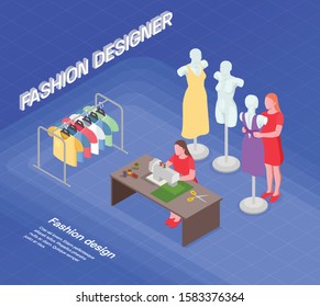 Creative people professions artist isometric background with editable text and designer of clothes character workspace elements vector illustration