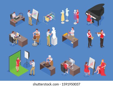 Creative people professions artist isometric set with isolated human characters furniture and pieces of professional equipment vector illustration
