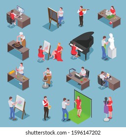 Creative people professions artist isometric set of isolated human characters with their respective equipment with shadows vector illustration