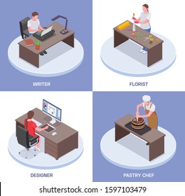 Creative people professions artist isometric design concept with text and images of working people at tables vector illustration
