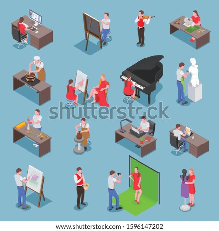 Creative people professions artist isometric set of isolated human characters with their respective equipment with shadows vector illustration
