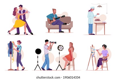 Creative People Set Isolated Flat Cartoon Man And Woman Dancing, Playing Guitar And Cooking Sweet Dessert. Vector Tailor Sewing Dress, Photographer Shooting Model, Painter Artist Drawing Picture