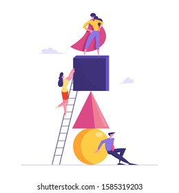 Creative People Teamwork Cooperate for Goal Achievement. Successful Dream Team Building Pyramid, Woman Leader in Red Cloak Stand on Top. Business Development Team Work. Flat Vector Illustration