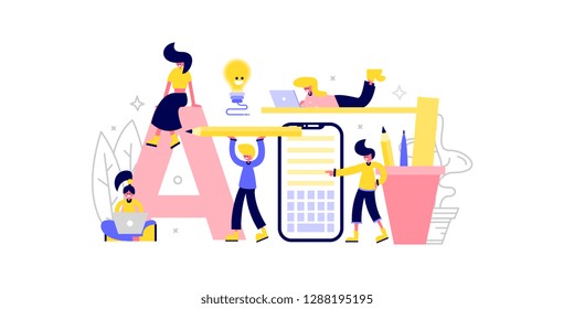 Creative people. Teamwork. Coworking place. Flat vector illustration on white background