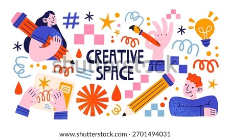 Creative people teamwork illustration set in retro cartoon style. Designers, pencils, brushes, hands and light bulbs symbolizing art process, imagination collaboration in creative workspace concept