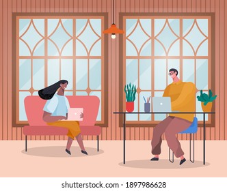 Personas creativas trabajando en la oficina de trabajo conjunto. Hombre y mujer sentados en la habitación escribiendo en un portátil. Los directivos, empleados de una agencia de diseño hacen un proyecto común. La gente de negocios habla, se comunica
