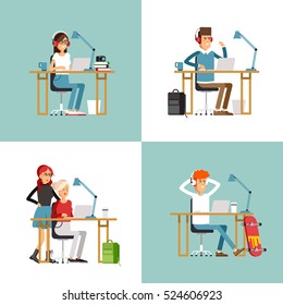 Creative people working in co working office. young adult man amd woman working on idea behind they desk listening music. Freelance workers at co-working space